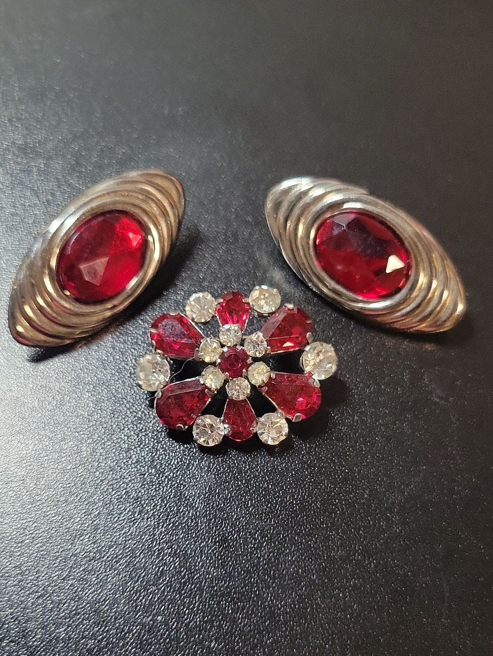 Red Crystal Flower Brooch with Matching Red Gem Clips - Unbranded